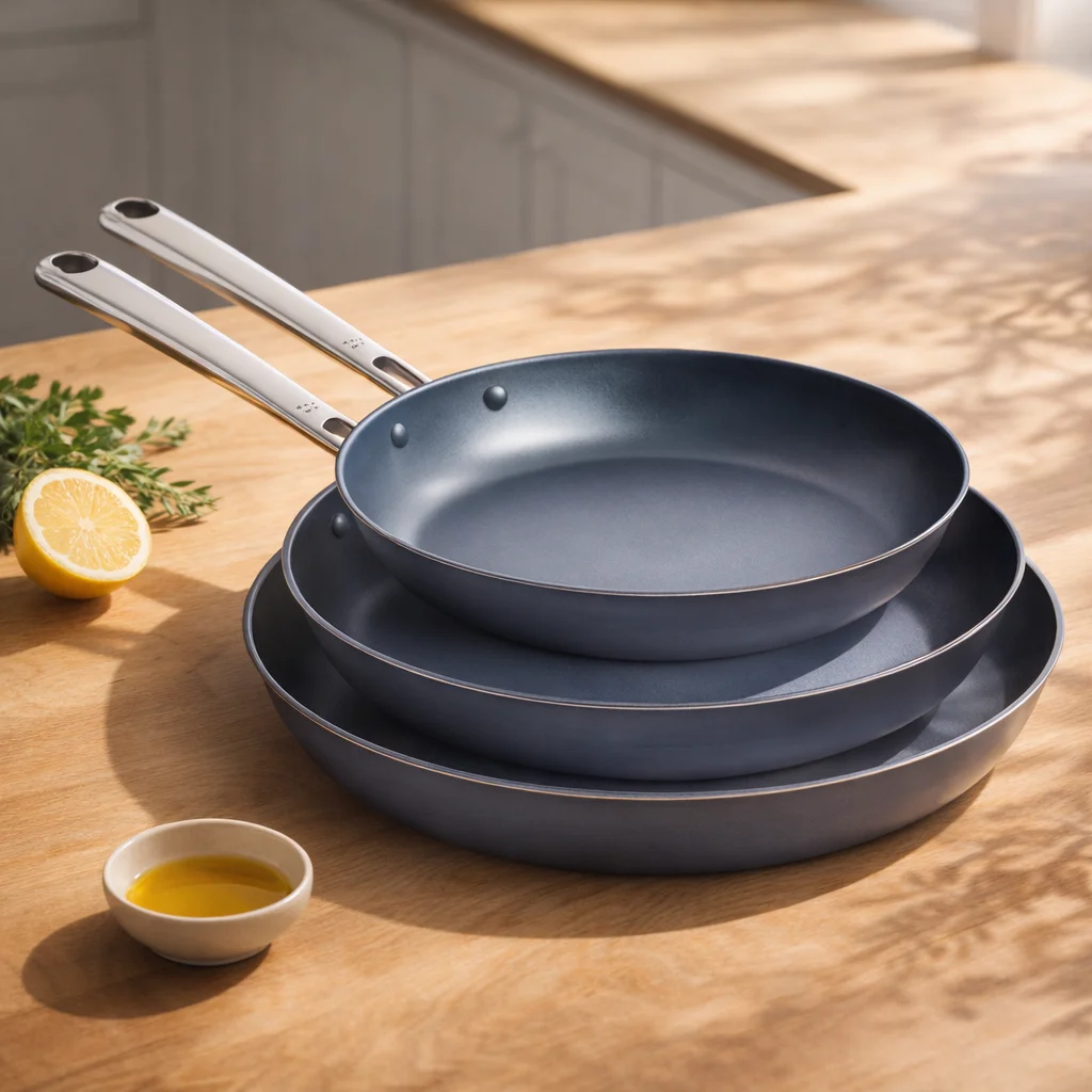 Kolstål stekpanna med non-stick beläggning på ett modernt skandinaviskt kök