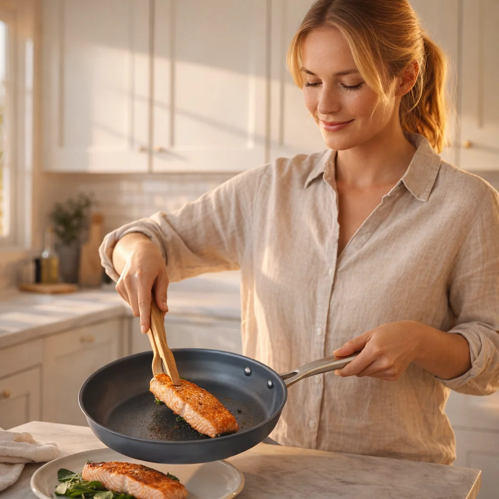 Kvinna lagar mat med Kolforms premium non-stick stekpanna i modernt skandinaviskt kök