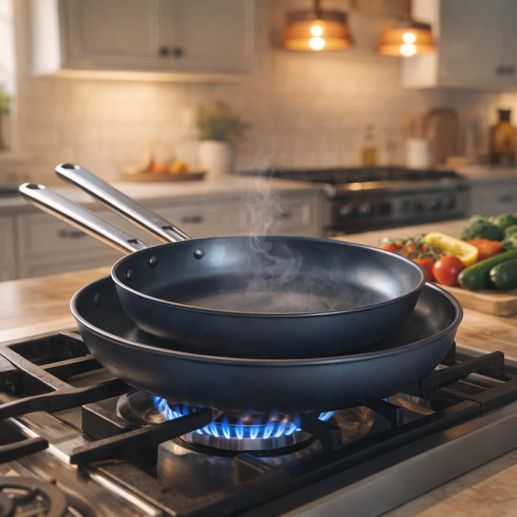 Kolstål stekpanna med non-stick beläggning på spisen i modernt skandinaviskt kök